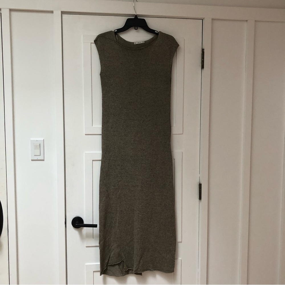 Zara linen blend soft long organic asymmetrical hem body dress heathered M